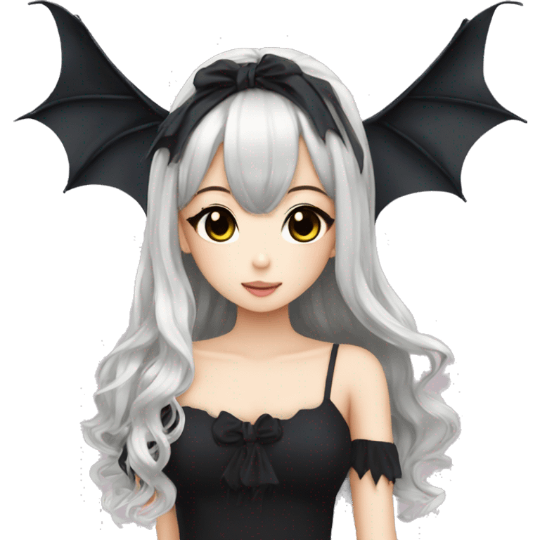 hime gyaru girl, beautiful long black hair, black top, bat wings emoji