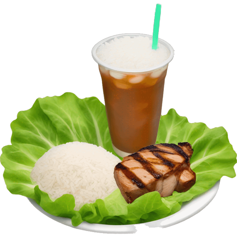 Rice with chicken and steak on a bed of lettuce with a orange boba drink next to it  emoji