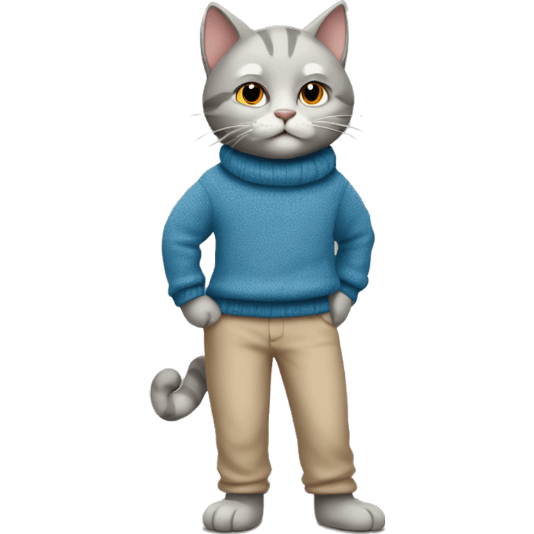 anthropomorphic cat with blue fur wearing a beige sweater and gray pants emoji