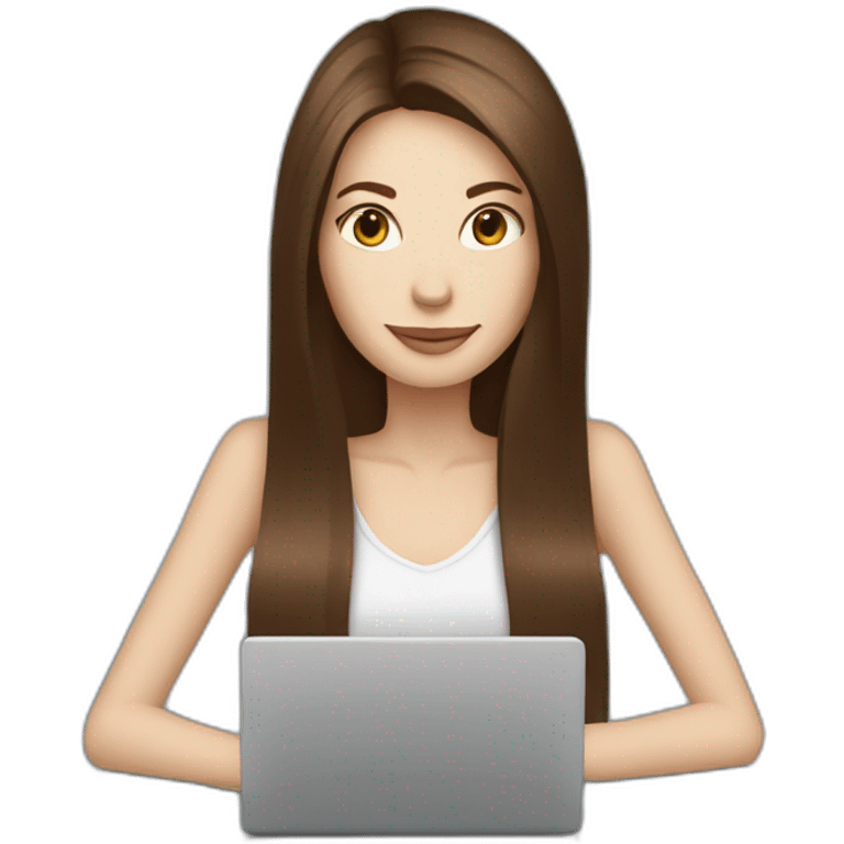 woman with long straight brown hair and pale skin and a laptop on her head drinking coffee emoji