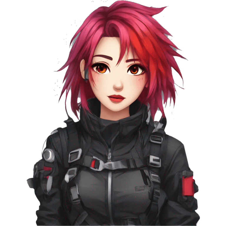 Gorgeous bright colorful techwear anime style lady with blushing face aesthetic and pretty edgy black red punk messy hair with collar and harness trending style emoji