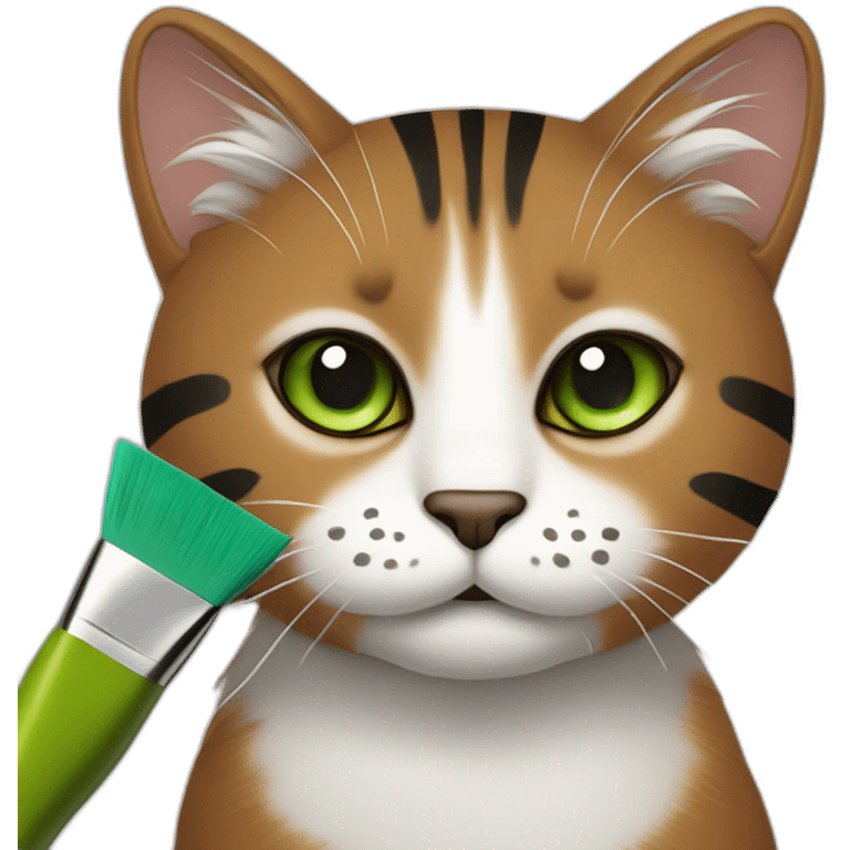 Brown cat with black stripes and white mustache and the contour of the white mouth and green eyes with a brush pencil emoji