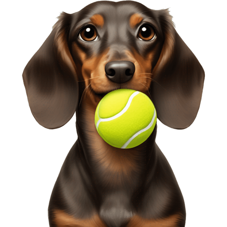 Brown and light brown long hair miniature dachshund with tung out and balancing a tennis ball on his head emoji