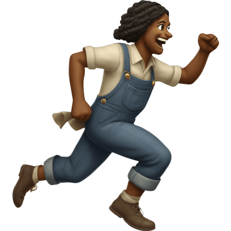 huckleberry Finn Pagan goddess sprinting, in overalls, with a large stride and arms outstretched emoji