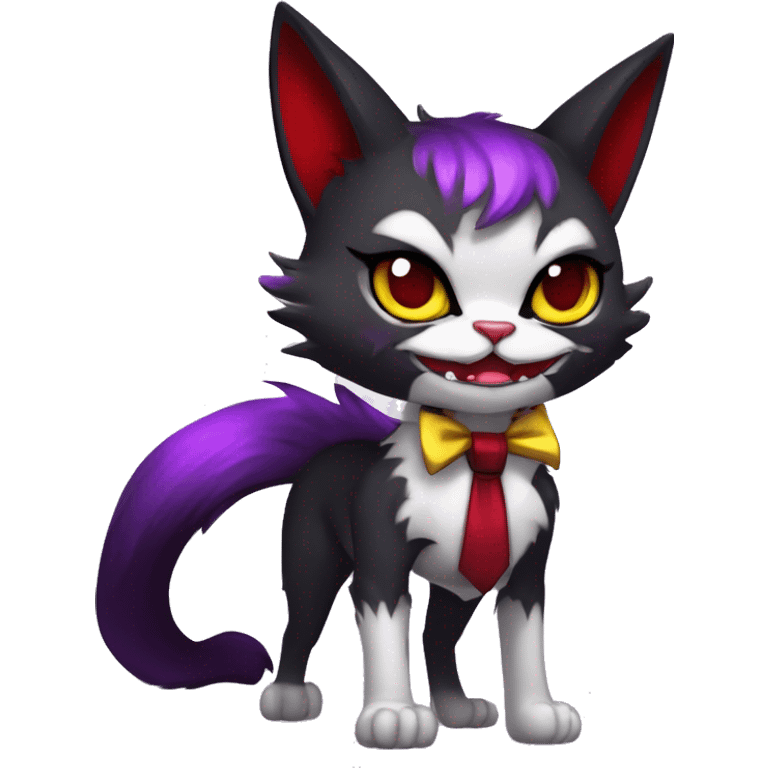 Cute-Evil-Vampiric-Batty-Cat-Black-Purple-Red-Yellow-Contrast-Colors-Fantasy-Fur-Sona-Chibi-Shiny-Fakémon-Hybrid with horns and big fangs neck bow white tie leg spats full body emoji