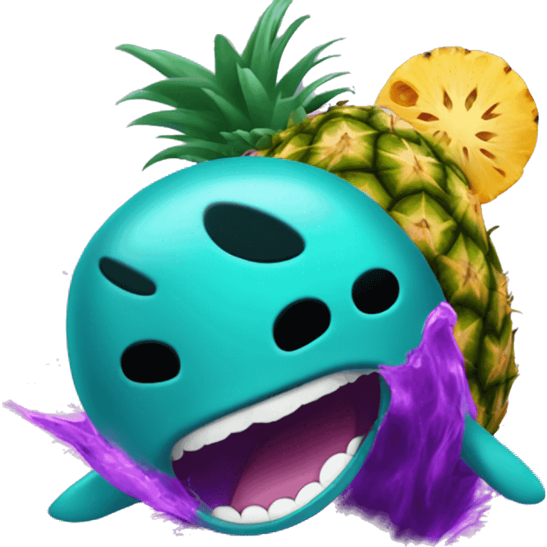 teal seal that is teal exploding jumping from inside out of purple pineapple that is purple emoji