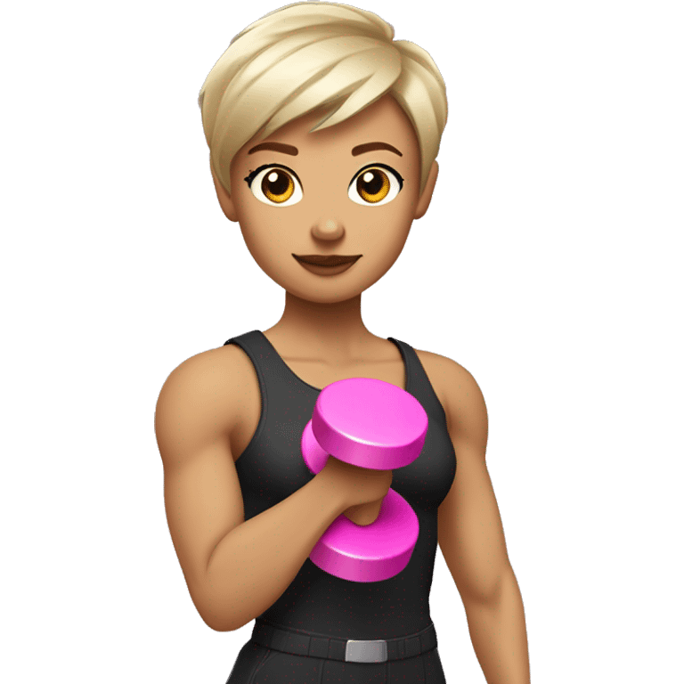 Short light brown pixie haircut Female White bicep side view holding a pink dumbbell emoji