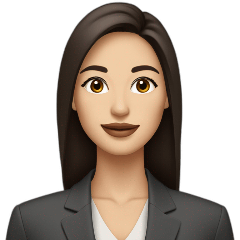 Beautiful woman with long dark brown hair, big almond shape brown eyes with long eyelashes, pretty smile with medium full lips, defined jawline, medium size nose, wearing a power suit emoji