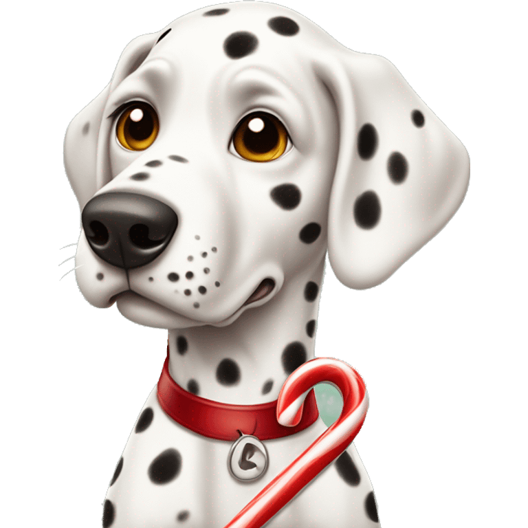 A Dalmatian with brown spots holds a caramel Christmas candy cane in his teeth emoji