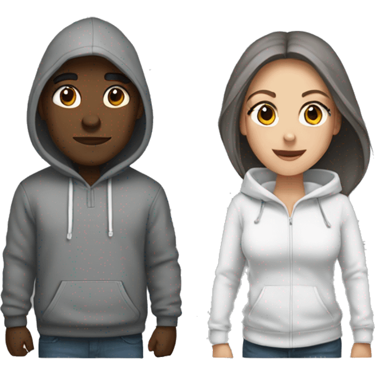 Black man and white girl couple in grey hoodies with hoods  emoji