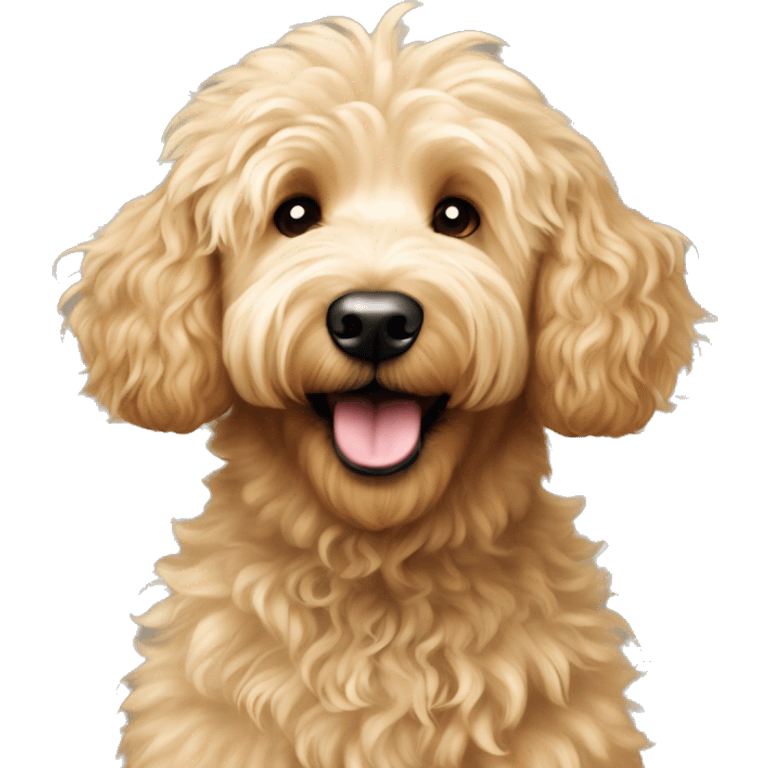 Smiling Goldendoodle with very-short fur and long curly floof mowhawk on top of head emoji