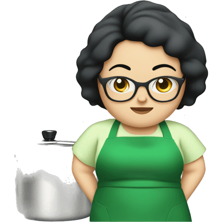 chubby lady with black hair green apron  with glasses cooking  emoji