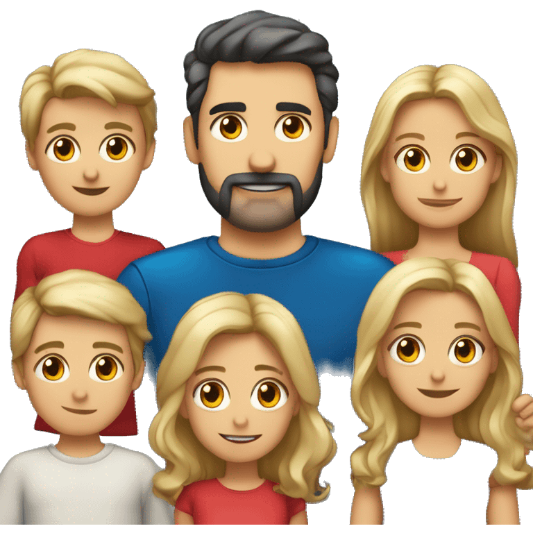 Familia de cuatro miembros padre con poco pelo y alto y pequeño madre con pelo rizado rojo hija rubia con ojos azules e hijo alto y delgado emoji