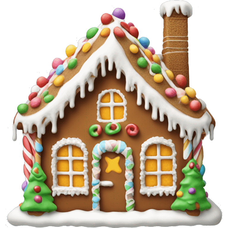 A detailed gingerbread house with icing snow and candy accents emoji