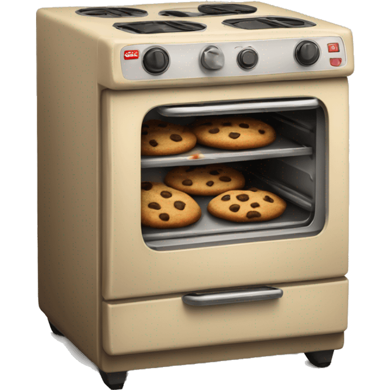 Realistic vintage beige oven with chocolate chip cookies baking inside of it. emoji