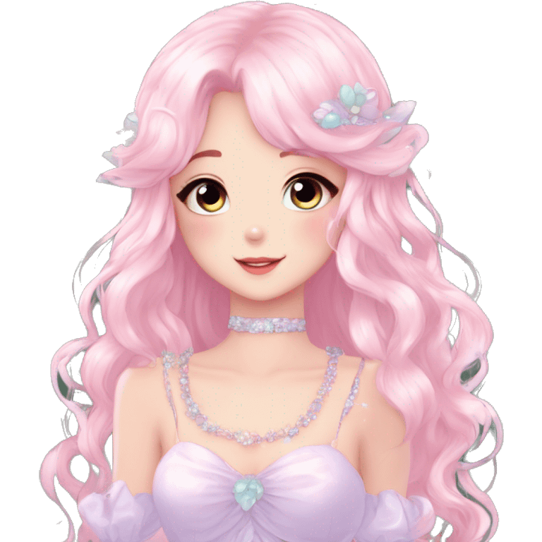 Dreamy pretty elegant kawaii shiny blushing shy anime pastel lady kawaii beautiful hair naturecore fairycore cottagecore jewels trending aesthetic full body emoji