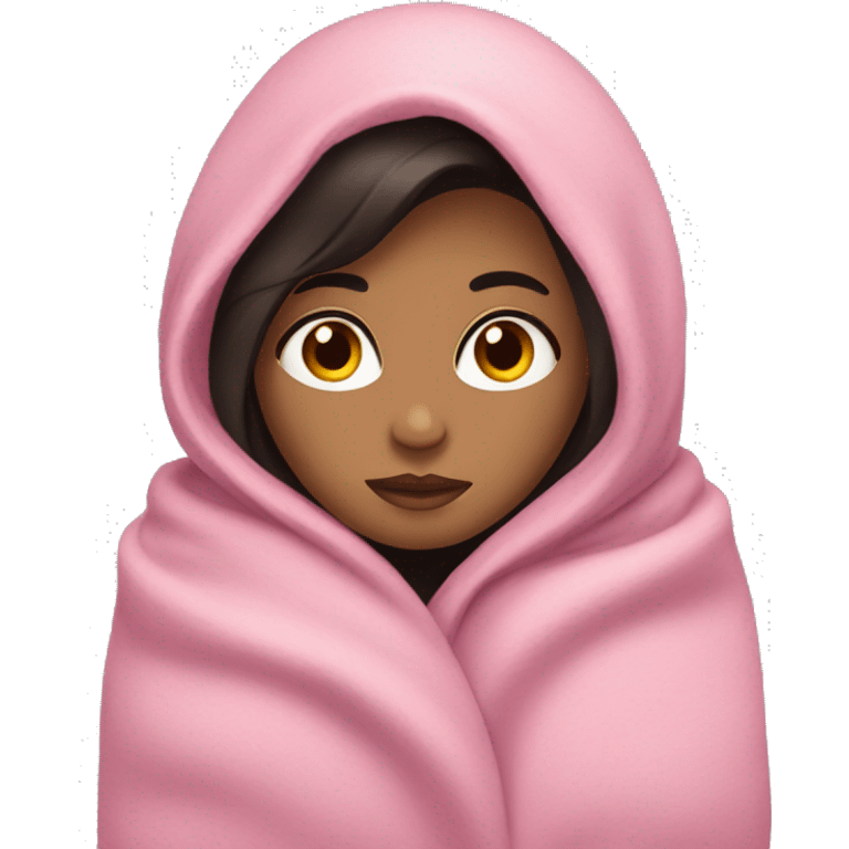 Woman with dark hair and blue eyes snuggled in a pink blanket emoji