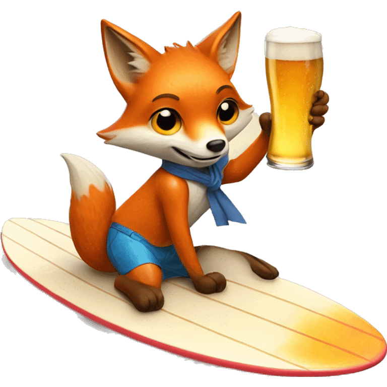 Fox on a surfboard with a beer emoji