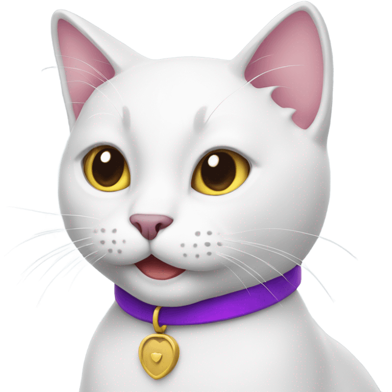 Happy white cat with purple collar  emoji