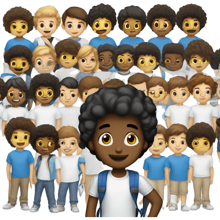 kindergarten brown boy with black hair in a tight afro and brown eyes with white t-shirt and blue backpack emoji