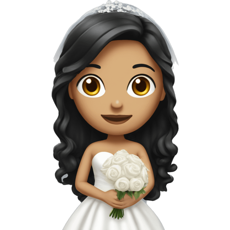 Bride with black long hair and black long Dress. And white long veil. And white bouquet in hand emoji