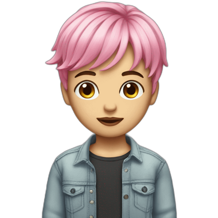 1Boy, long bangs, pink hair, lipstick, eyelashes, cute outfit, emoji