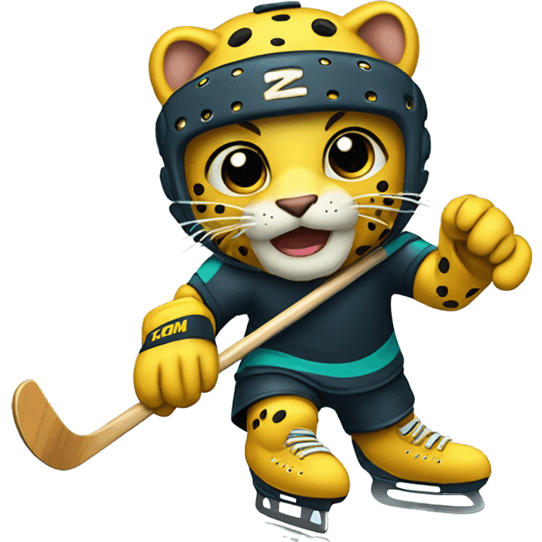 Yellow spotted Panther playing icehockey with 1 stick emoji