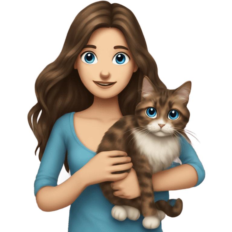 Long haired brunette blue eyed girl holding a long haired tortishell cat emoji