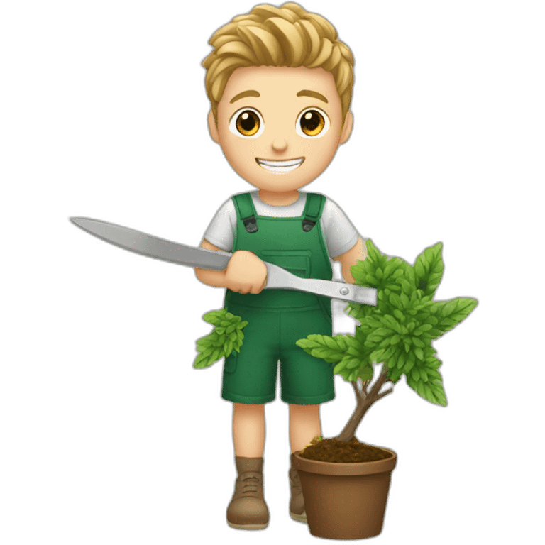 white kid trimming a decorative bush emoji