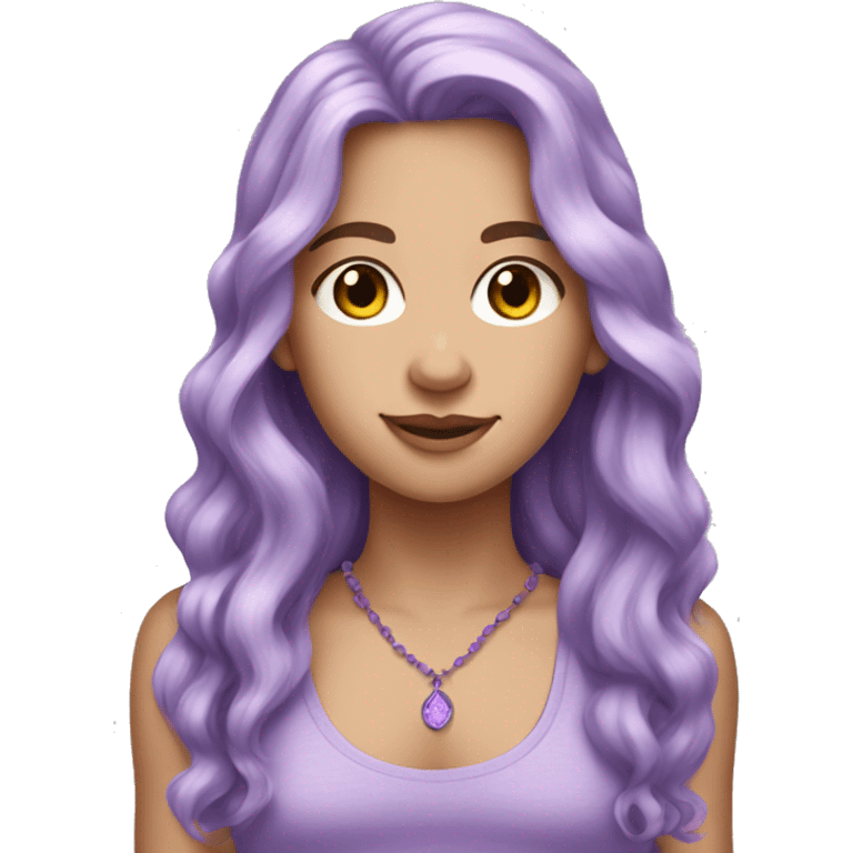 white girl with long wavy lavender hair and a lavender necklace and purple tank top emoji