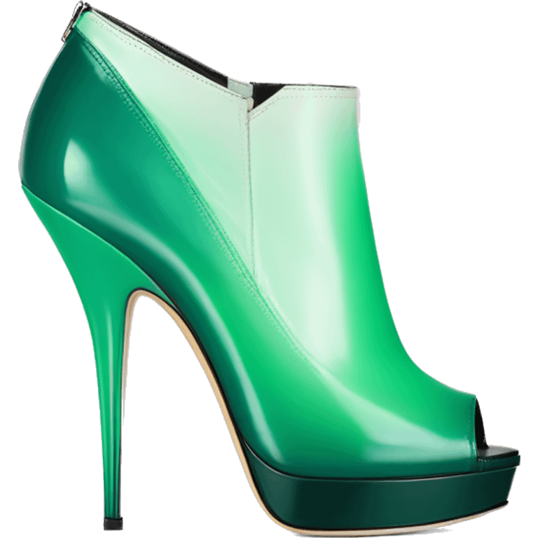 Realistic isolated top front view of a pair of emerald green to mint green ombre Jimmy Choo peep toe stiletto ankle booties. emoji