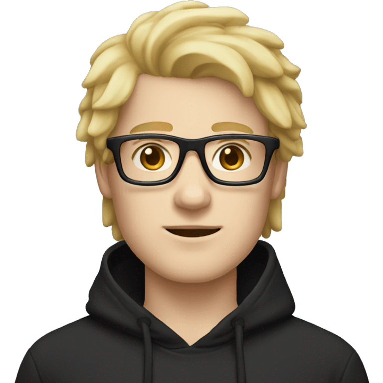 guy with white skin, puffy face, rectangle glasses and blonde hair with brown eyes, wearing a black hoodie emoji