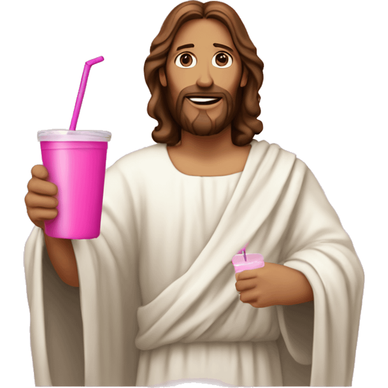 Jesus in a gown holding a pink tumbler with a lid and straw emoji