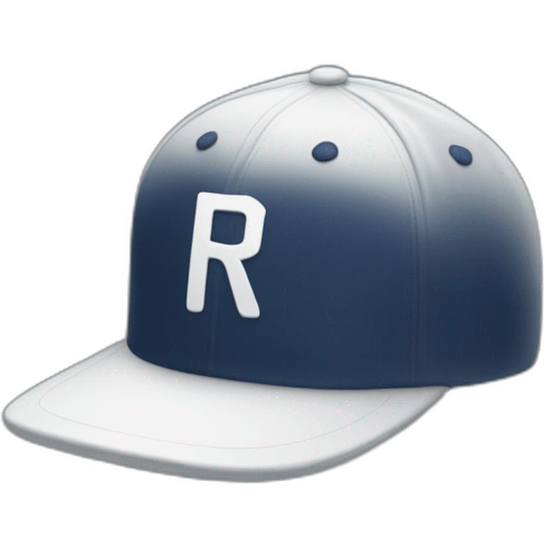 a navy baseball cap with a small white letter R on the front, seen from the side emoji