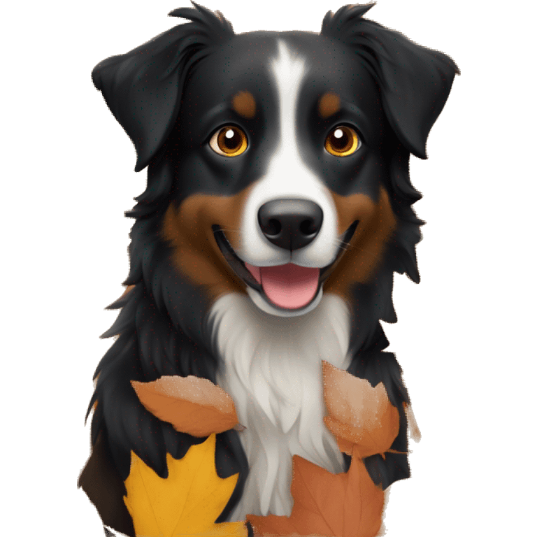 Small black australian shepherd dog in autumn leaves emoji