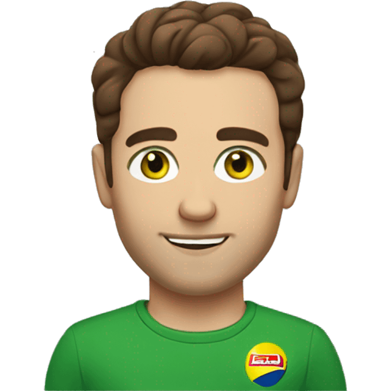 Man with brown hair a lidl t-shirt and green eyes emoji