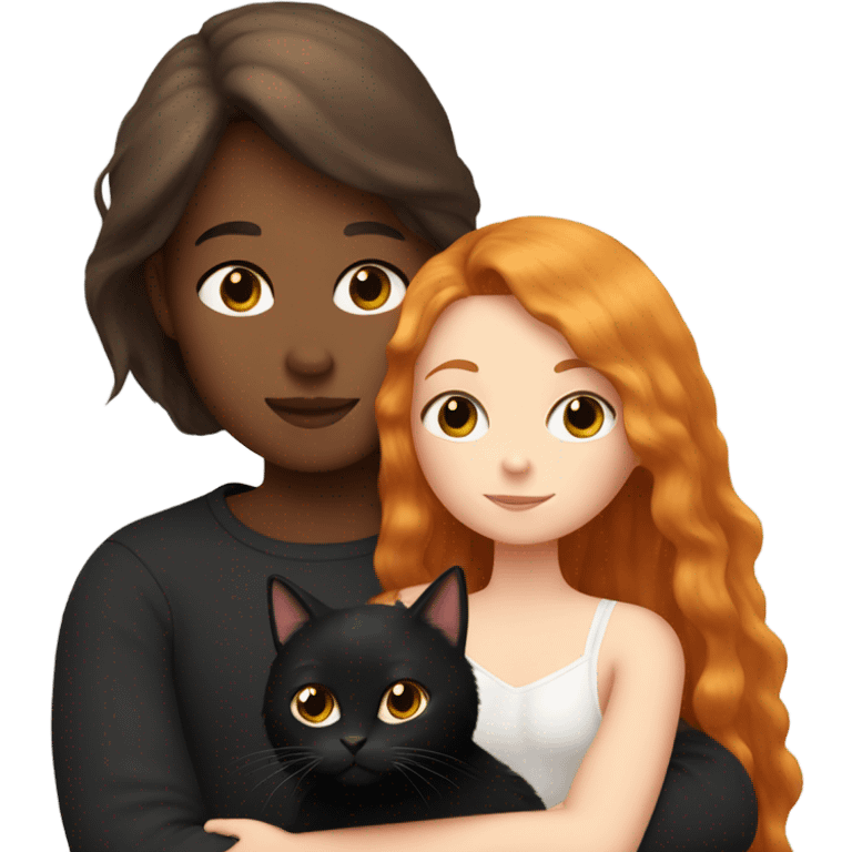 Girl with long straight ginger hair cuddling with a very fluffy black cat emoji