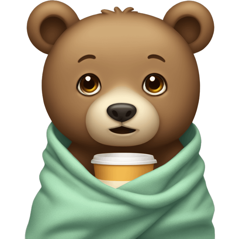 Cute little bear wrapped in a blanket drinking coffee emoji