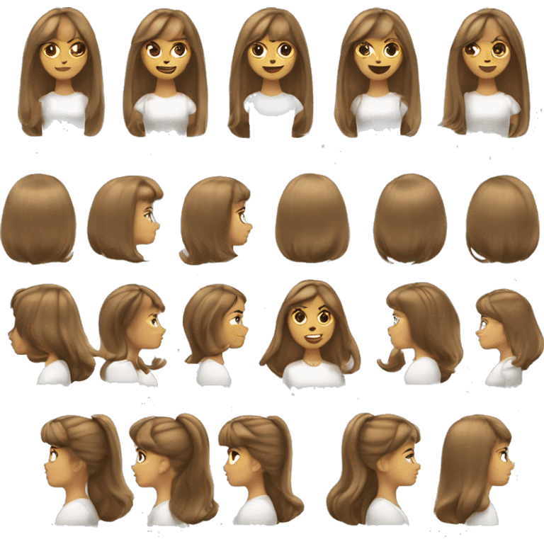 girl with light brown hair and a 90’s blowout, she has bangs that are parted down the middle and swept to the side, based on apple woman emoji emoji