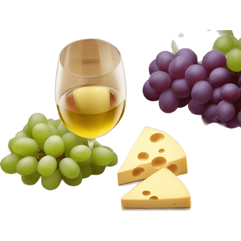 Wooden board with different kind of cheese, grapes and a glass of white wine emoji