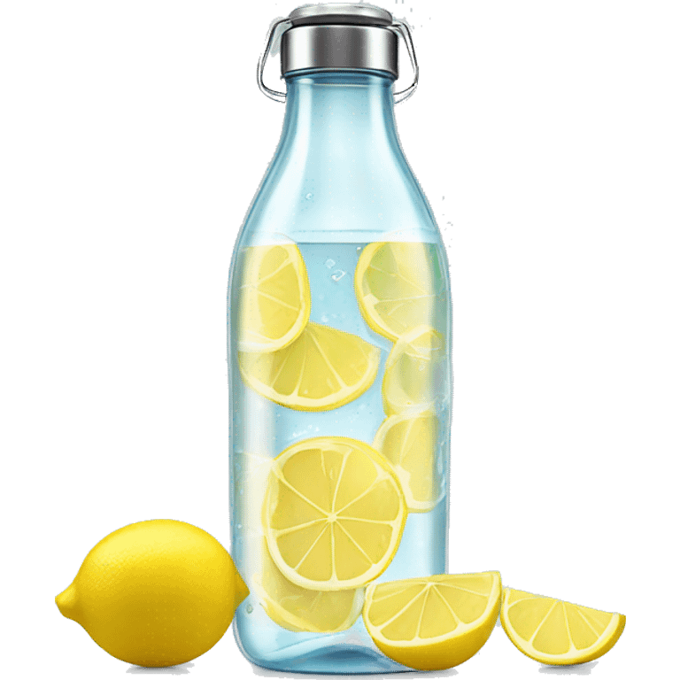 A sleek, transparent glass water bottle with a slices of lemon inside. emoji