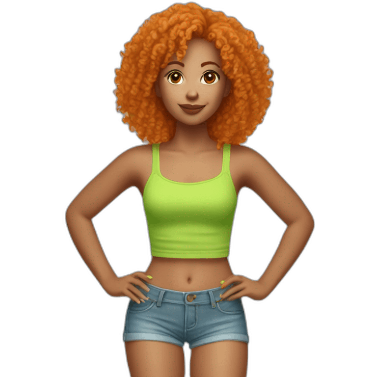 Woman with very short orange curly hair wearing a lime green tube top and very short jean shorts emoji