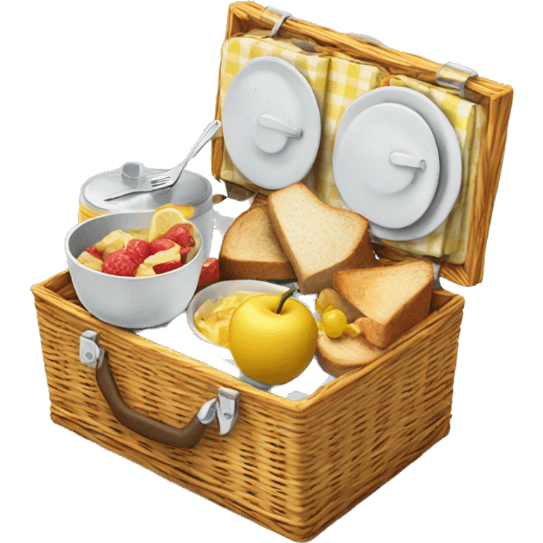 Realistic picnic lunch basket with lid open and food and dishes inside  emoji