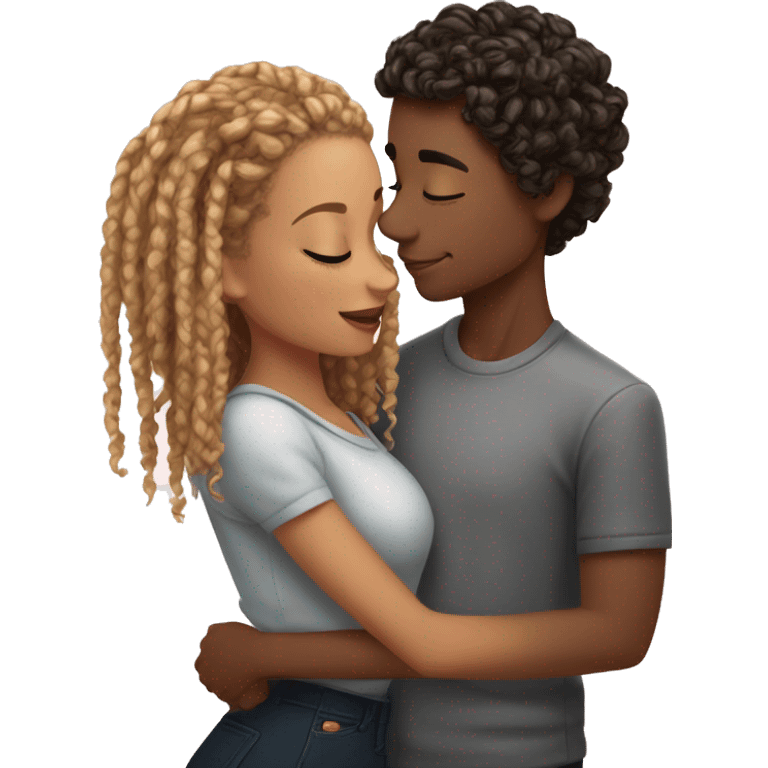 a light skinned boy with short curly hair kissing girl with box braids and doing romance emoji