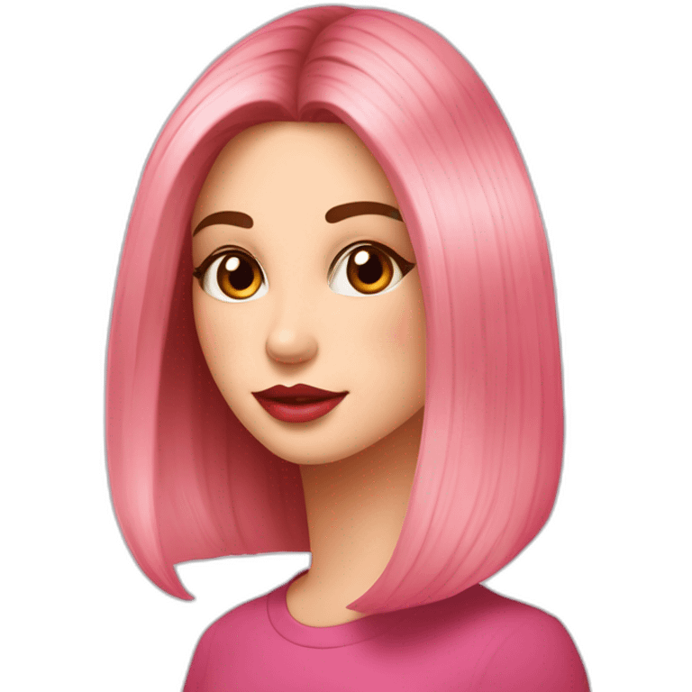 Es una chica de piel clara i una cola de pelo corto a medio lado ojos color marrón labios grandes Color rosado Icon un delineado Icon un delineado emoji