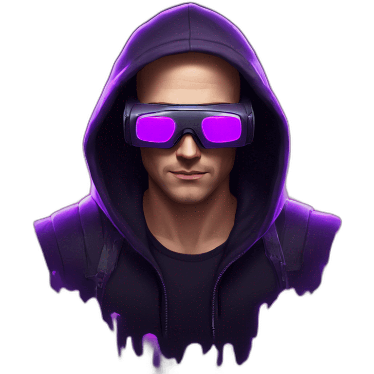 Russian man in the black hoody with violet OMG VR logo on it wearing vr headset. Cyberpunk style. Violet neon. emoji