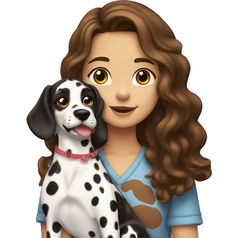 A girl with long wavy brown hair and brown eyes holds a Dalmatian dog. emoji