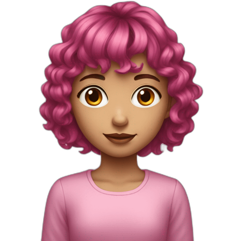 A young girl with dark pink medium length wavy hair and a fringe emoji