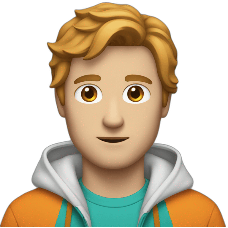 white man with brown hair, wearing an orange t-shirt and a teal hoodie zipped half way emoji