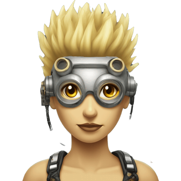 Light yellow Mohawk hair female cyborg head, tan skin, steampunk goggles and circuits emoji